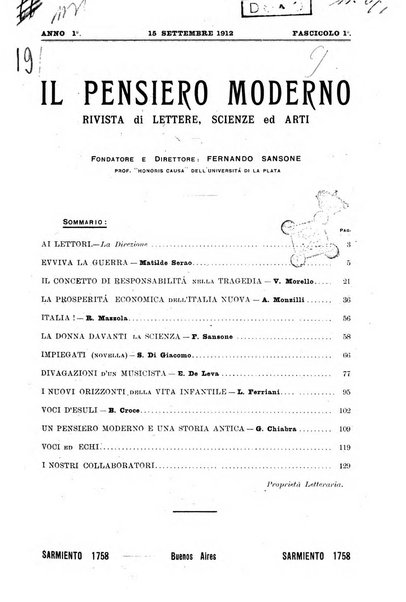 Il pensiero moderno rivista di lettere, scienze ed arti