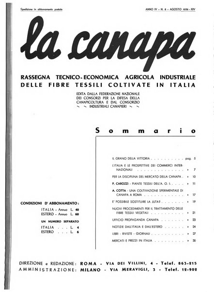 La canapa bollettino del consorzio industriali canapieri dei consorzi per la canapa