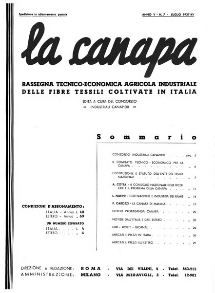 La canapa bollettino del consorzio industriali canapieri dei consorzi per la canapa