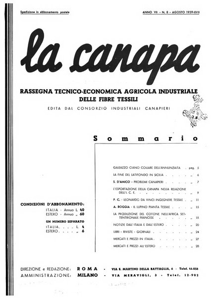 La canapa bollettino del consorzio industriali canapieri dei consorzi per la canapa