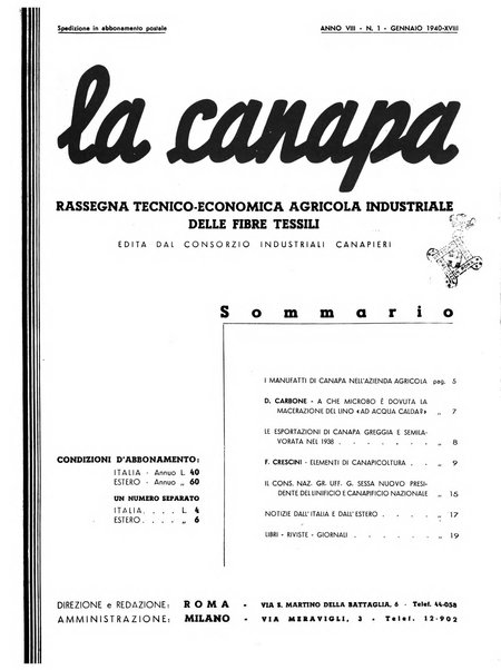 La canapa bollettino del consorzio industriali canapieri dei consorzi per la canapa