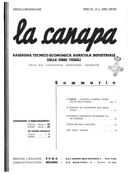 La canapa bollettino del consorzio industriali canapieri dei consorzi per la canapa