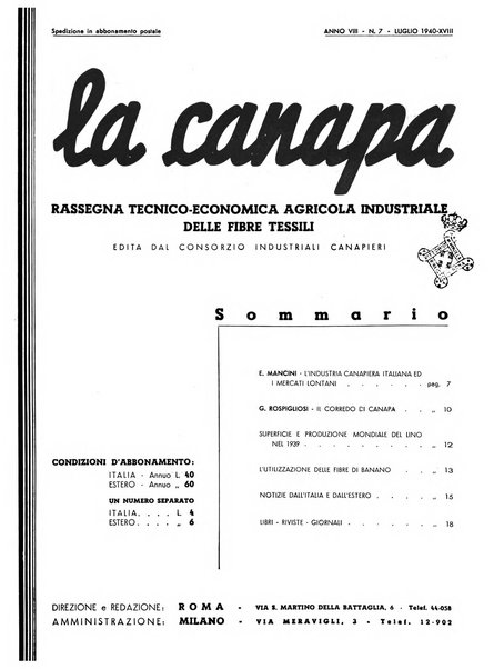 La canapa bollettino del consorzio industriali canapieri dei consorzi per la canapa