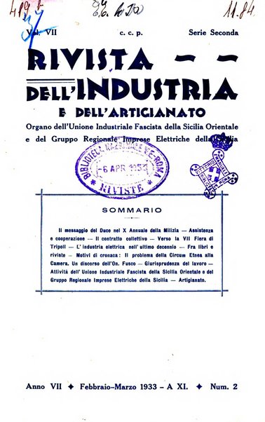 Rivista dell'industria e dell'artigianato organo dell'Unione industriale fascista della Sicilia orientale