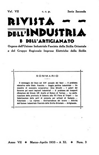 Rivista dell'industria e dell'artigianato organo dell'Unione industriale fascista della Sicilia orientale