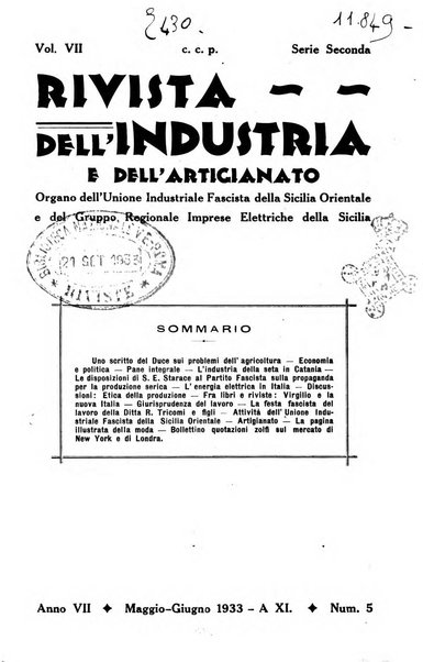 Rivista dell'industria e dell'artigianato organo dell'Unione industriale fascista della Sicilia orientale