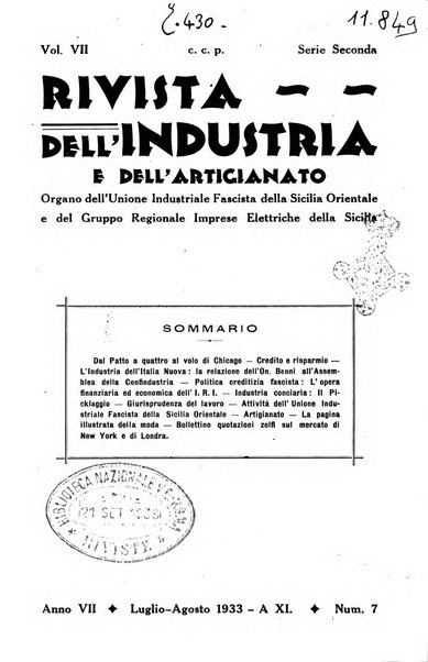 Rivista dell'industria e dell'artigianato organo dell'Unione industriale fascista della Sicilia orientale