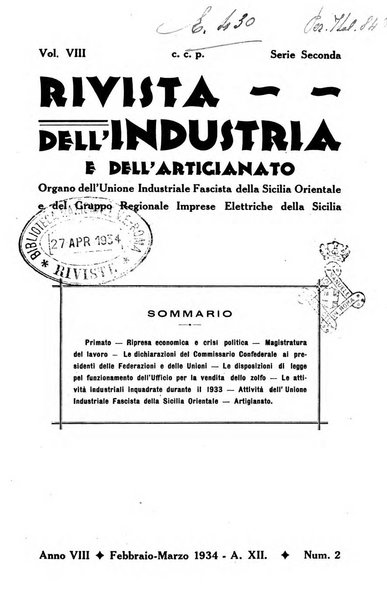 Rivista dell'industria e dell'artigianato organo dell'Unione industriale fascista della Sicilia orientale