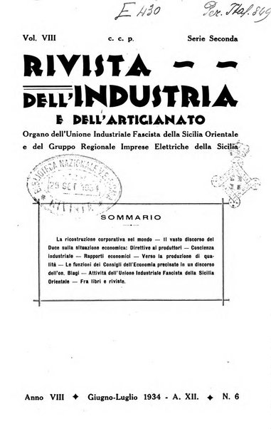 Rivista dell'industria e dell'artigianato organo dell'Unione industriale fascista della Sicilia orientale