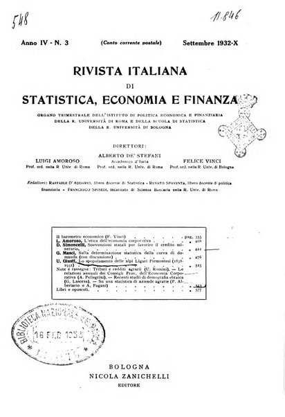 Rivista italiana di statistica economia e finanza