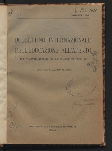 Bollettino internazionale dell'educazione all'aperto / a cura del Comitato italiano, Ministero della pubblica istruzione