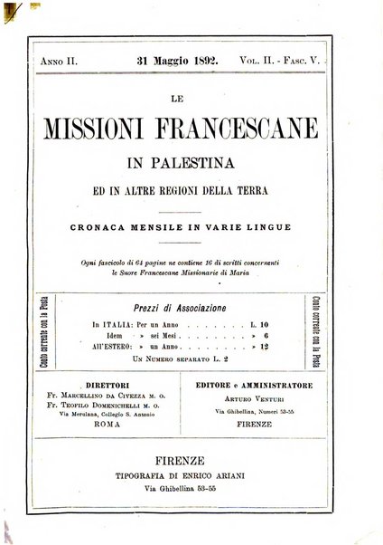 Le missioni francescane in Palestina ed in altre regioni della terra cronaca mensile in varie lingue