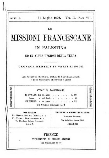 Le missioni francescane in Palestina ed in altre regioni della terra cronaca mensile in varie lingue