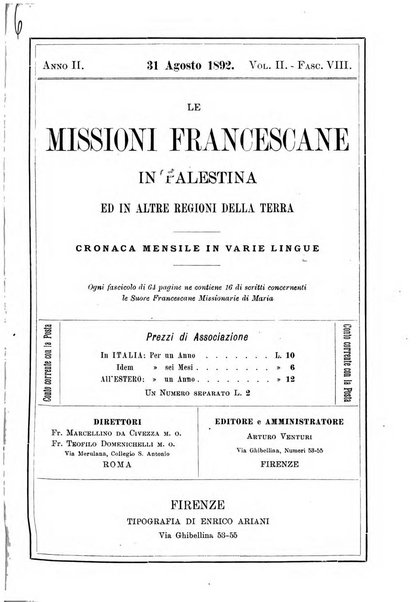 Le missioni francescane in Palestina ed in altre regioni della terra cronaca mensile in varie lingue