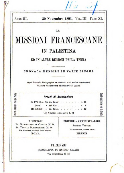 Le missioni francescane in Palestina ed in altre regioni della terra cronaca mensile in varie lingue