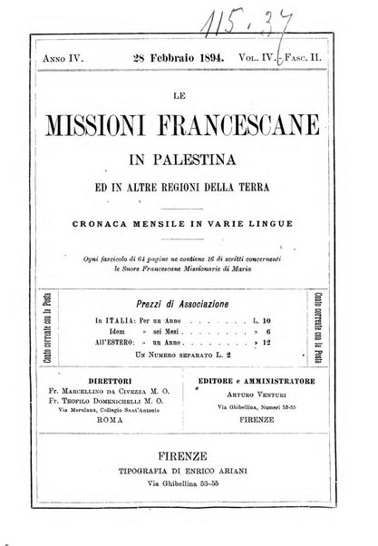 Le missioni francescane in Palestina ed in altre regioni della terra cronaca mensile in varie lingue