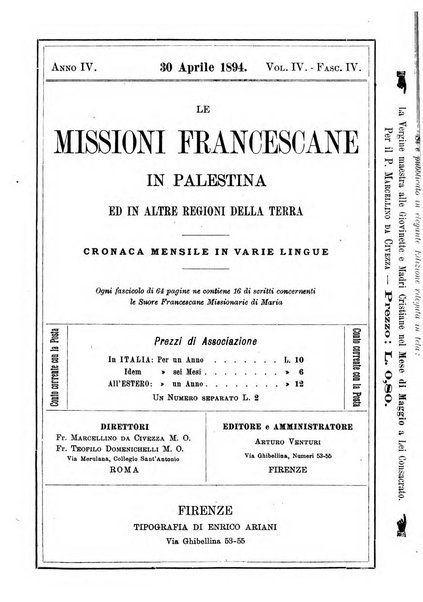 Le missioni francescane in Palestina ed in altre regioni della terra cronaca mensile in varie lingue