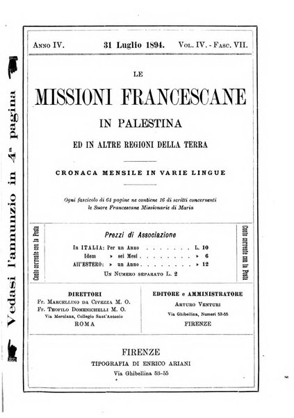 Le missioni francescane in Palestina ed in altre regioni della terra cronaca mensile in varie lingue