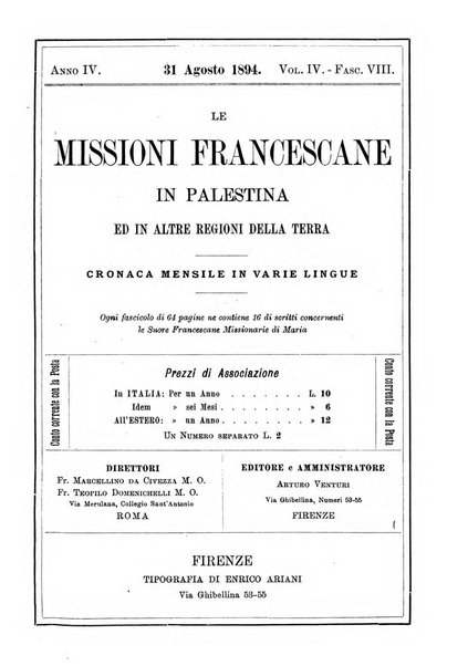 Le missioni francescane in Palestina ed in altre regioni della terra cronaca mensile in varie lingue