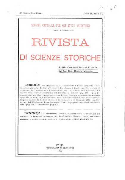 Rivista di scienze storiche pubblicazione mensile sotto gli auspici della società cattolica per gli studi scientifici