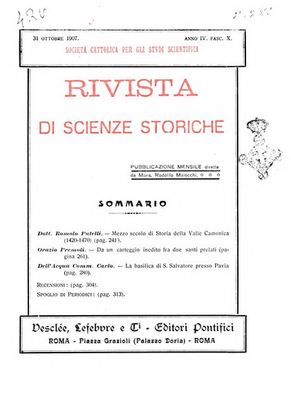 Rivista di scienze storiche pubblicazione mensile sotto gli auspici della società cattolica per gli studi scientifici