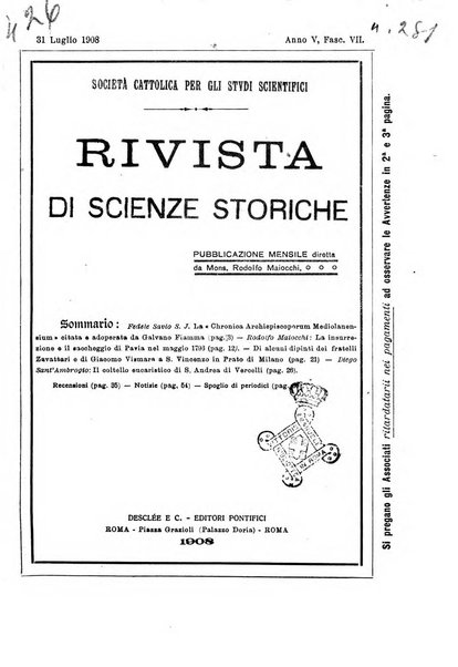 Rivista di scienze storiche pubblicazione mensile sotto gli auspici della società cattolica per gli studi scientifici