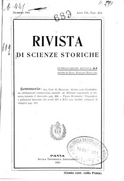 Rivista di scienze storiche pubblicazione mensile sotto gli auspici della società cattolica per gli studi scientifici