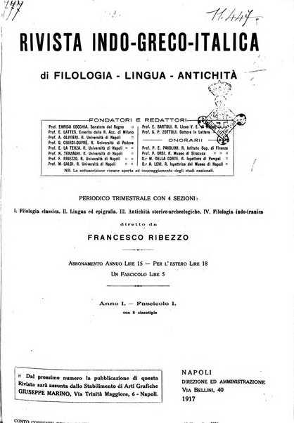 Rivista indo-greco-italica di filologia, lingua, antichità periodico trimestrale