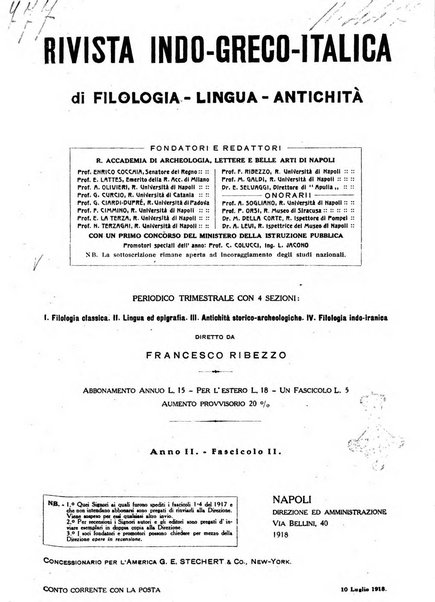 Rivista indo-greco-italica di filologia, lingua, antichità periodico trimestrale