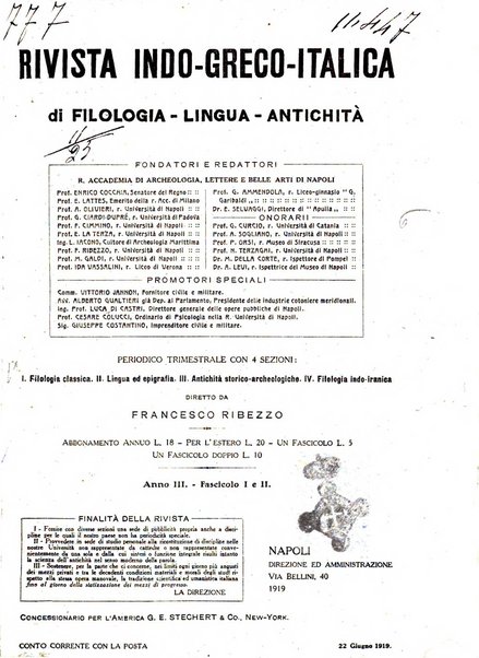 Rivista indo-greco-italica di filologia, lingua, antichità periodico trimestrale