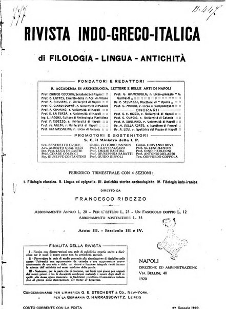 Rivista indo-greco-italica di filologia, lingua, antichità periodico trimestrale