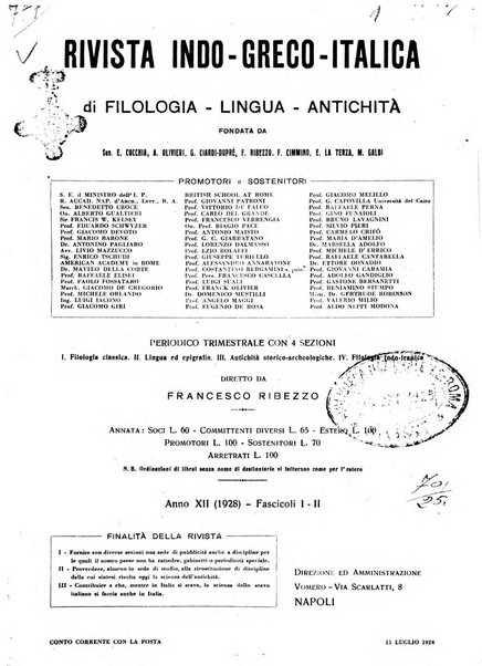 Rivista indo-greco-italica di filologia, lingua, antichità periodico trimestrale