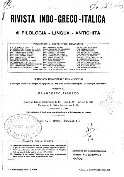 Rivista indo-greco-italica di filologia, lingua, antichità periodico trimestrale