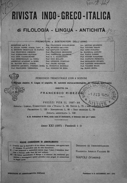 Rivista indo-greco-italica di filologia, lingua, antichità periodico trimestrale