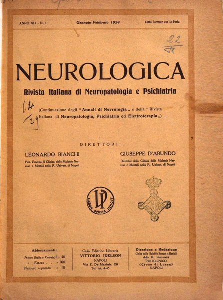 Neurologica rivista italiana di neuropatologia e psichiatria