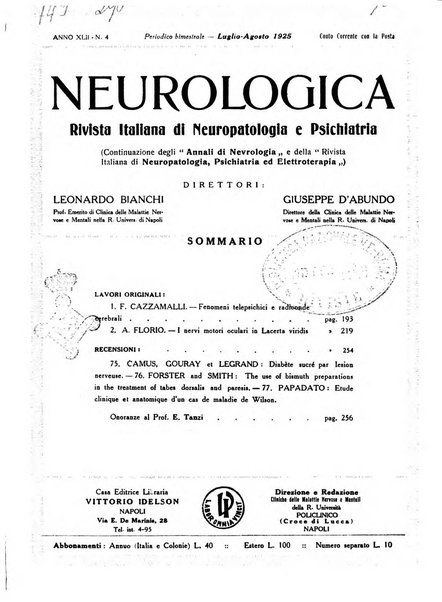 Neurologica rivista italiana di neuropatologia e psichiatria