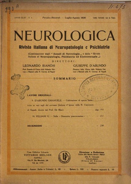 Neurologica rivista italiana di neuropatologia e psichiatria