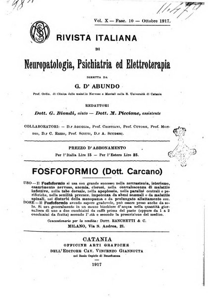 Rivista italiana di neuropatologia, psichiatria ed elettroterapia