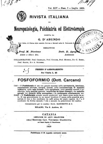 Rivista italiana di neuropatologia, psichiatria ed elettroterapia