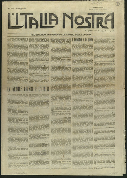 L'Italia nostra : Numero unico nel secondo anniversario de l'inizio della Guerra (24 Maggio 1917)
