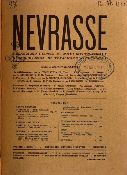 Nevrasse fisiopatologia e clinica del sistema nervoso centrale, neurochirurgia, neuroradiologia, psichiatria