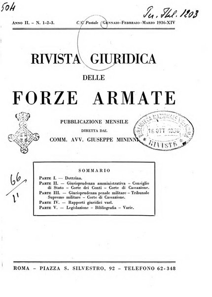 Rivista giuridica delle forze armate Pubblicazione mensile diretta da Giuseppe Mininni