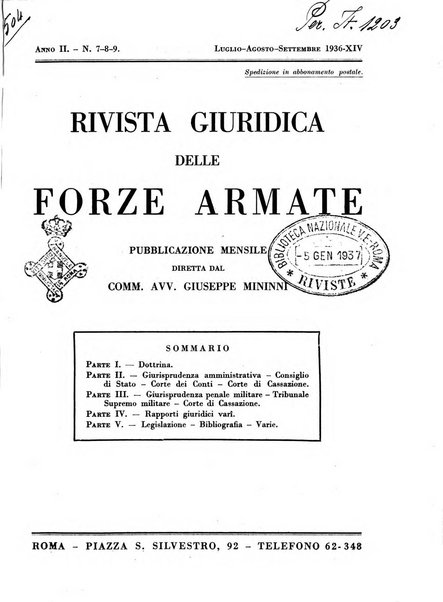 Rivista giuridica delle forze armate Pubblicazione mensile diretta da Giuseppe Mininni