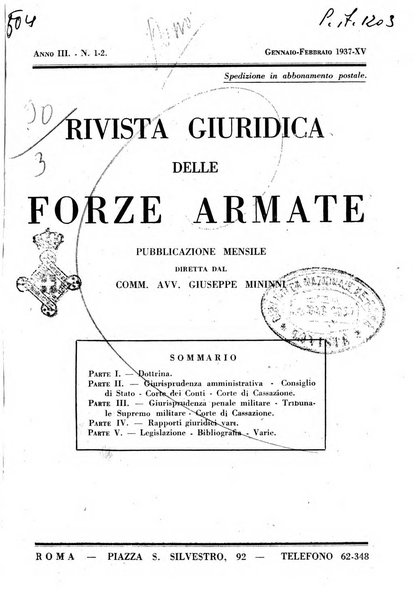 Rivista giuridica delle forze armate Pubblicazione mensile diretta da Giuseppe Mininni