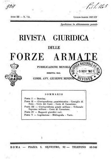 Rivista giuridica delle forze armate Pubblicazione mensile diretta da Giuseppe Mininni