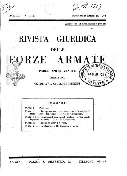 Rivista giuridica delle forze armate Pubblicazione mensile diretta da Giuseppe Mininni