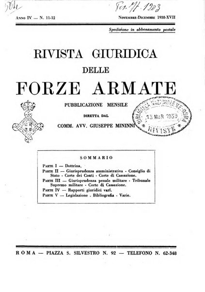 Rivista giuridica delle forze armate Pubblicazione mensile diretta da Giuseppe Mininni