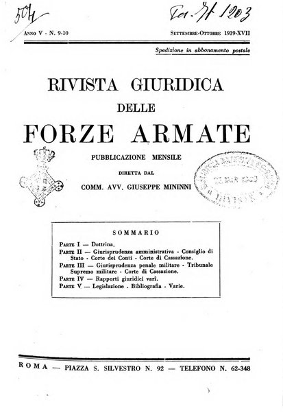 Rivista giuridica delle forze armate Pubblicazione mensile diretta da Giuseppe Mininni