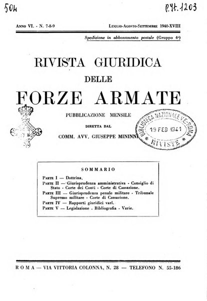 Rivista giuridica delle forze armate Pubblicazione mensile diretta da Giuseppe Mininni