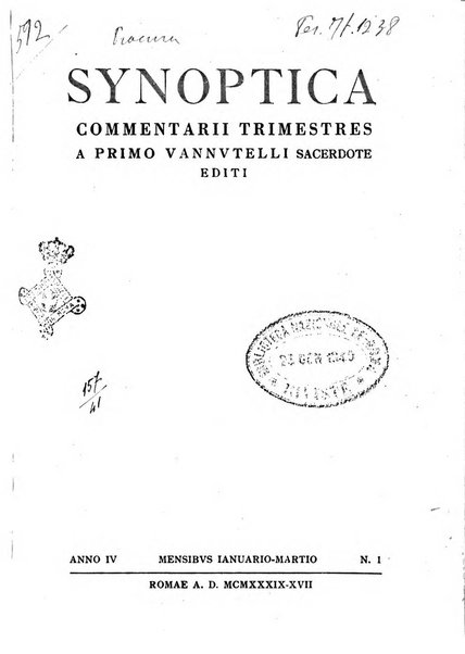 Synoptica Commentarii trimestres. A Primo Vannutelli sacerdote editi